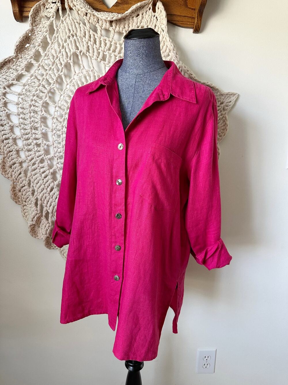 Chicos Vintage Pink Linen Button Up Top Size Large Mother Of Pearl Buttons